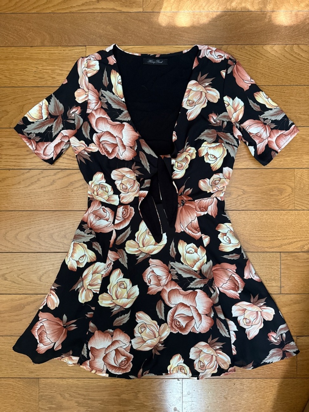 Honey Punch Black Mini Dress with Rose Accents